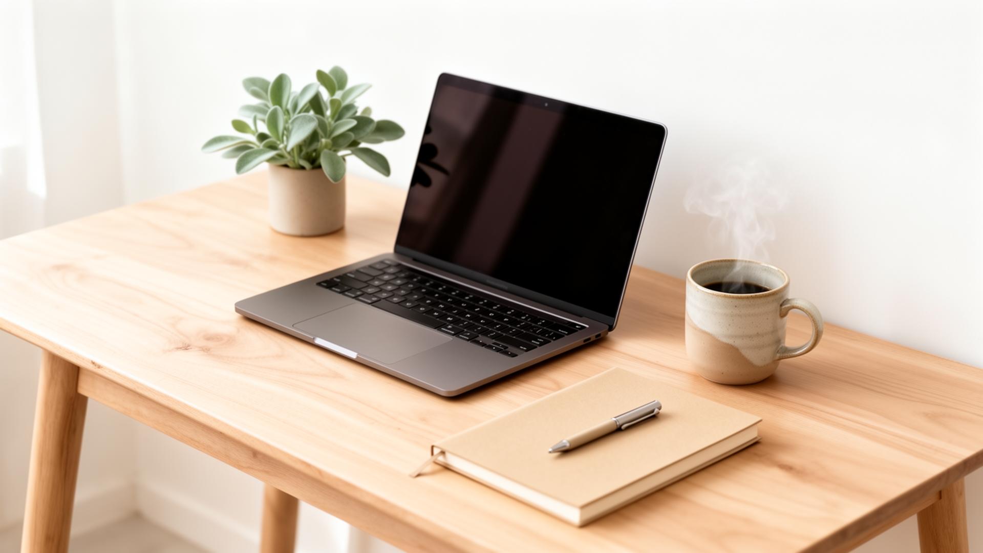 A calm, organised workspace with a laptop, notebook and warm cup of tea