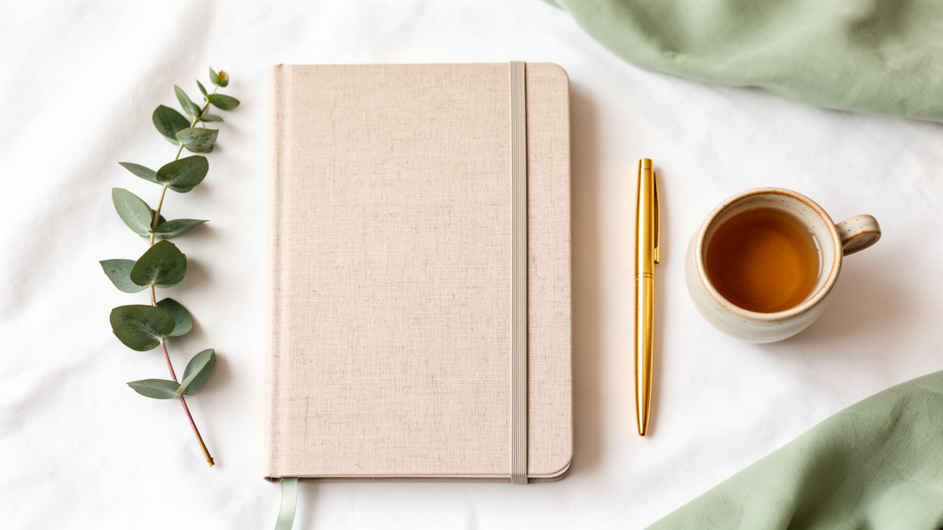 A serene flat lay of a planner, eucalyptus and a cup of tea